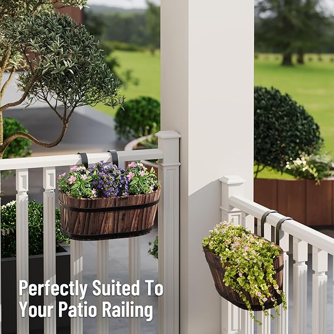 Hanging Wooden Flower Pots, Railing Planter for Any Balcony, Porch or Deck Countryside Style with Detachable Hooks for Garden Yard Home Decor (Carbonized)