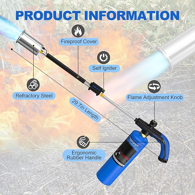 Weed Torch Propane Burner Blow Torch Weed Burner Flamethrower with Adjustable Flame and Ergonomic Anti-slip Rubber Handle for Weeding,Melting Ice,Charcoal Starter(Fuel Cylinder Not Included)