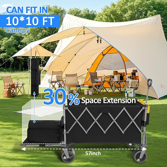 57" L Large Collapsible Foldable Wagon with Tailgate & Brake, 500LBS Heavy Duty Beach Wagons with All-Terrain Big Wheels, 300L Folding Utility Cart for Sand Garden Shopping Groceries Sports (Black)