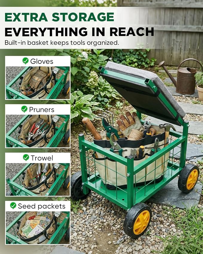 Saker Rolling Garden Cart with Seat & Wheels - 15.7'' EVA Padded Rolling Stool, 500 lb Steel Frame, Large Storage Basket - Garden Wagon Workseat for Patio Lawn Yard (Basic Version)