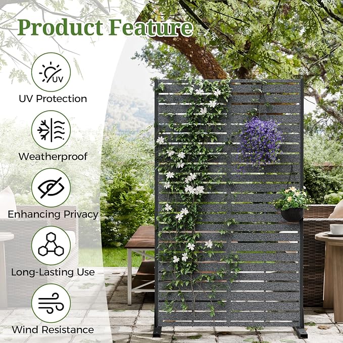 Privacy Screen Outdoor 60" Hx35 W Freestanding Privacy Panel with Stand, HDPE Decorative Privacy Fence with Sandblasting Louver Pattern, Patio Divider Screen, Privacy Screens for Outside