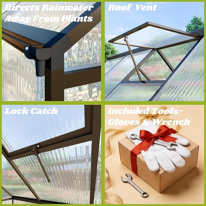 6 x 4 FT Greenhouse for Outdoors, Polycarbonate Greenhouse with Quick Setup Structure and Roof Vent, Aluminum Large Walk-in Green House for Outside Garden Backyard, Charcoal Black
