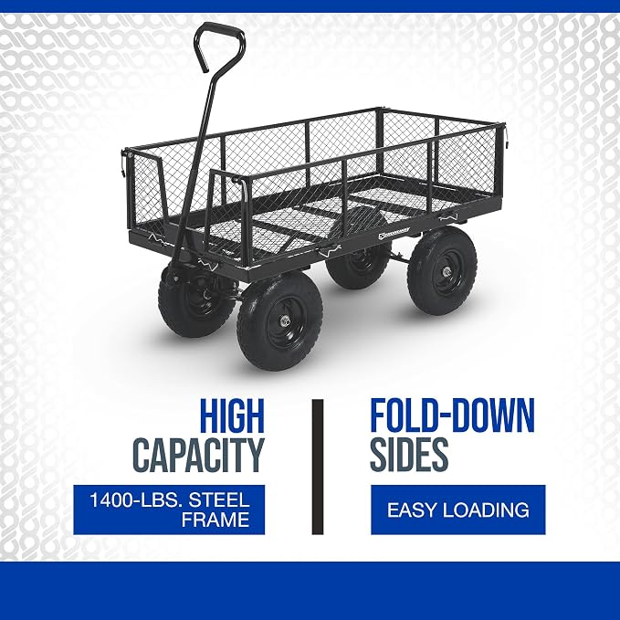 Strongway Steel Jumbo Garden Wagon with Removable Sides, 1400 Lb Capacity, 50 in. L x 24.1 in. W x 26.75 in. H, 13 in. Pneumatic Tires, Fold Down Panels, for Yard, Farm and Landscaping