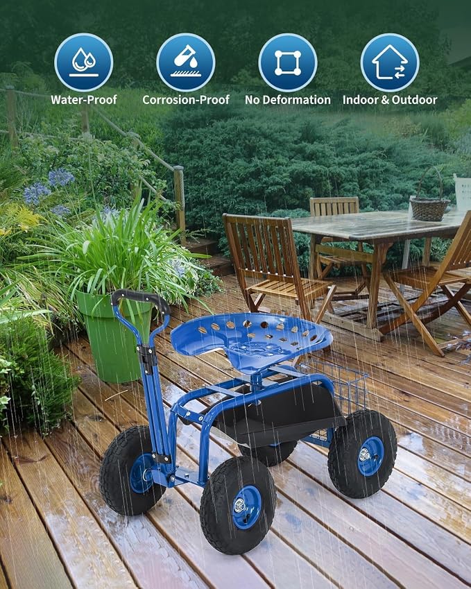 Garvee Heavy Duty Garden Seat, Garden Scooter Rolling Work Seat, 360° Swivel with 10-Inch All-Terrain Inflatable Tires, Extendable Steering Handle & Metal Tool Tray for Planting, Weeding, Yard Work