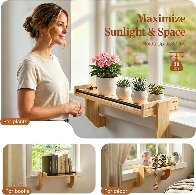 THYGIFTREE Window Sill Plant Shelf Extender, No Drill Adjustable Windowsill Shelf for Plants, Renter Friendly Window Shelf for Indoor Plants, Solid One-Piece Board, Holds Up to 30 lbs
