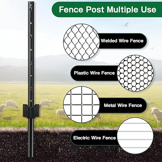 Gtongoko 10 Pack 4FT Heavy Duty Metal Fence Posts, Black U Channel No Dig Fence Stakes with Anchor Plate, 14 Gauge Steel Posts for Wire Fencing, Garden Protection, Animal Barrier, Yard & Farm Boundary