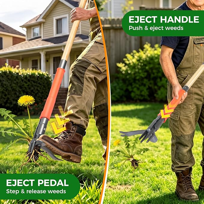 Stand Up Weed Puller Tool, 4-Claw Steel Head Deep Root Extractor with Dual-Eject Design, Real Bamboo Long Handle & Metal Anti-Slip Pedal, No Bending Dandelion Remover for Garden Lawn Yard