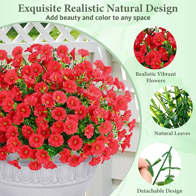 Yastouay Artificial Flowers for Outdoors, 26 Bundles Fake Outdoor Flowers, UV Resistant Artificial Plants & Flowers for Decoration, Red Realistic Morning Glory for Outdoor Porch Garden Decoration