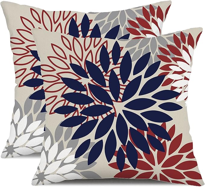DFXSZ 4th of July Pillow Covers 20x20 Inch Set of 2 Patriotic Blue Red Floral Outdoor Waterproof Decorative Throw Pillows Polyester Pillow Covers Decor for Patio Funiture Garden Couch 002H20