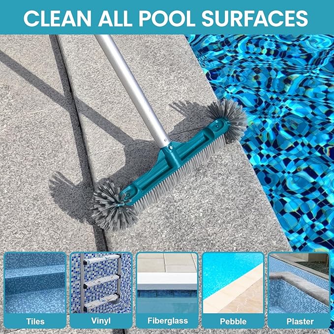 18” Pool Brush Head - Plastic Pool Brushes with Round Ends for Cleaning Swimming Pool Walls, Steps & Corners, Safe for Vinyl Liner(No Pole)