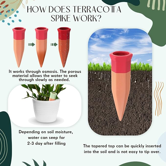 Baderke 16 Pcs Terracotta Watering Spikes Colorful Automatic Self Watering Stakes Slow Release Vacation Plant Waterer Devices for Indoor Outdoor Plants