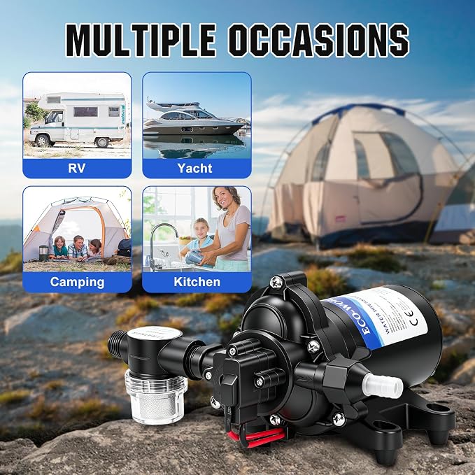 ECO-WORTHY RV Fresh Water Pump 12V DC 3.5GPM 45PSI with Pressure Switch, 12Volt Self Priming Water Pressure Diaphragm Pump On demand for RV Yacht Camper Sprayer Food Truck Black