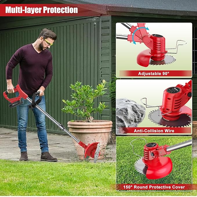 21V Weed Wacker Cordless String Trimmer with 2 Batteries 2.0Ah, 2 Types Metal Blades Powered Grass Trimmer, Pruning Shears, Adjustable Pole Weed Trimmer for Garden and Yard Lawn, Red