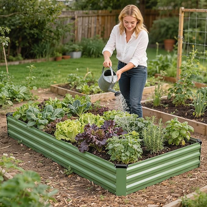 G GOOD GAIN 8x4x1ft Galvanized Raised Garden Bed, Heavy-Duty Metal Planter Boxes Outdoor for Vegetables Flowers Herbs, Olive Green(2 Pack)
