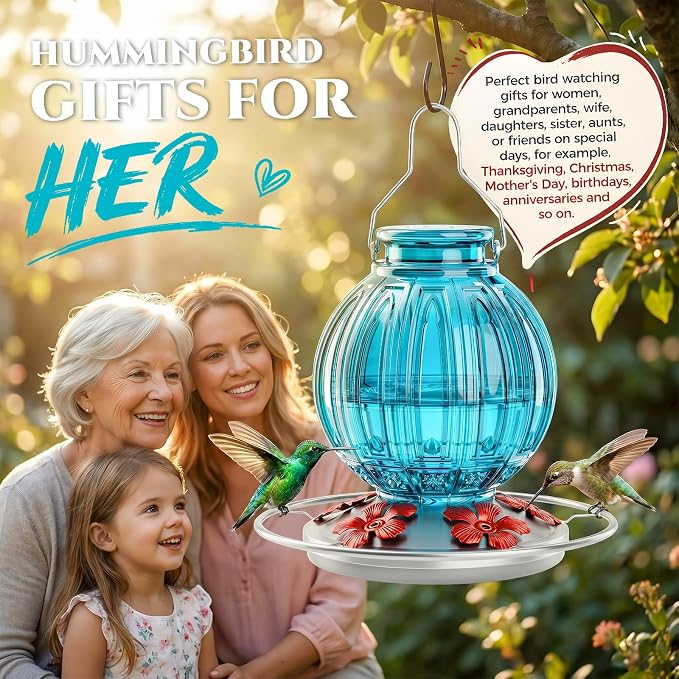 2 Pack Glass Hummingbird Feeder for Outdoors Hanging, Bird Nectar Feeder with Perch & 5 Flower Feeding Ports, 26 Oz Leak Proof for Outside Garden Decor Backyard, Gifts for Women Mom, Red + Blue