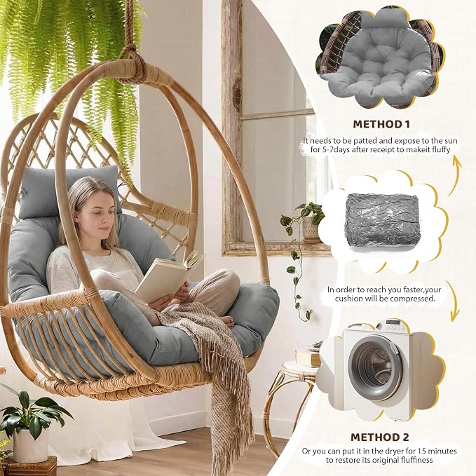 Waterproof Egg Chair Cushion Replacement, 47x33x7 Inches Thicken Outdoor Hanging Chair Cushion with Headrest Pillow, Cushions for Egg Chairs, Gray