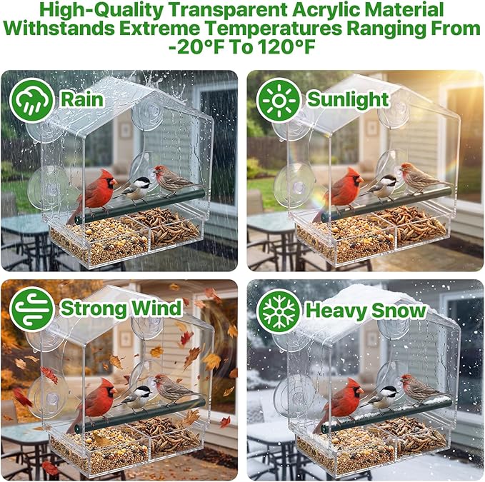 2PCS Window Bird Feeder with Strong Suction Cups, Bird Feeders for Outdoors, Clear Bird Feeder for Window, Outdoor Wild Bird Watching Gift for Women Mom Bird Lovers, Elderly Kids (1 Large+1 Small)