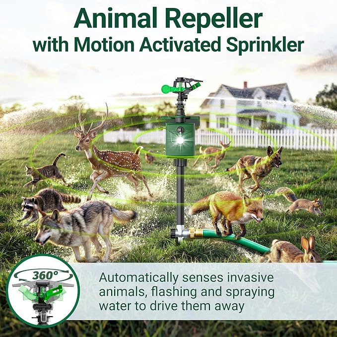Motion Activated Animal Repeller with Water Sprinkler, Deer Repellent Devices Solar Powered, IP65 Waterproof Cat Repellent Outdoor with Flashing Light, Deter Deer Foxes Skunks Raccoons from Garden