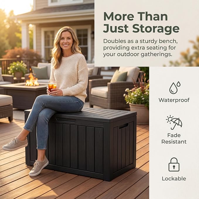 NicBex 45 Gallon Deck Box, Waterproof Resin Outdoor Storage Box Lockable for Patio Furniture, Fade Resistant Patio Side Table & Organizer for Garden Tools, Pool Floats, Outdoor Cushions, Black