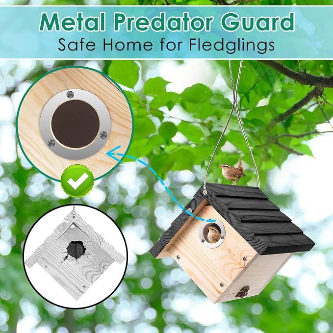 Dreyoo 8 Pack Wren House, 1-1/8'' Entrance Hole Hanging Wooden Wren Bird Houses for Outside with Metal Guard, Air Vents, Pine Wood for Chickadees (Black,Wood Color)