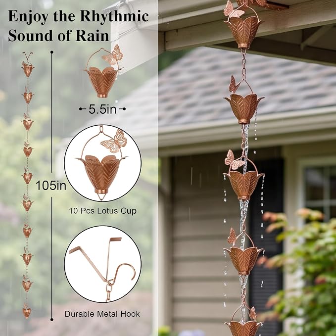 Topadorn Butterfly & Flower Rain Chain, 8.7 FT Copper Finish Metal Rain Chain for Gutters, Decorative Downspout Alternative for Garden, Patio & Yard Decor