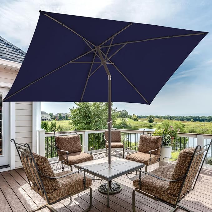 JEAREY 6.5x10 ft Rectangular Patio Umbrellas Outdoor Market Umbrella with Push Button Tilt and Crank, Rectangle Table Umbrellas 6 Sturdy Ribs UV Protection for Pool Garden Backyard Deck, Dark Blue