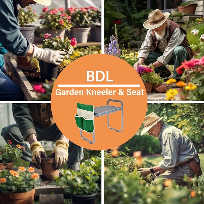 BDL Garden Cart Outdoor Rolling Garden Workseat with Wheels, Heavy Duty Garden Tool Cart with Extendable Handle and Storage for Seniors Yard Gardening Work