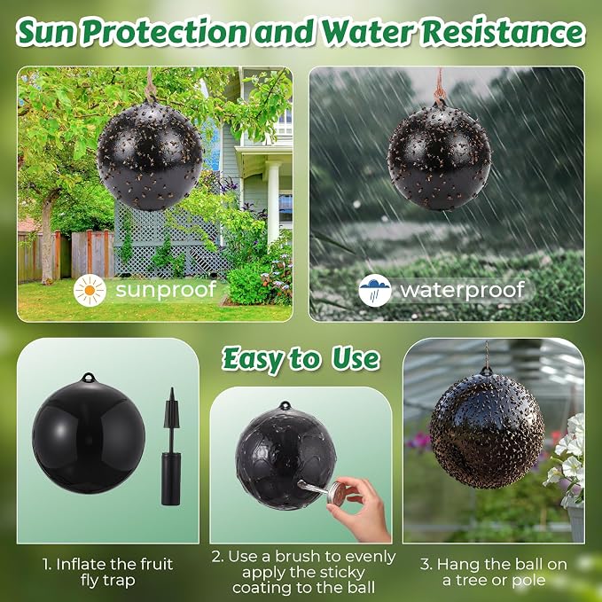 2 Pcs Large Fly Trap Balls Hanging Fruit Fly Traps Outdoor Adhesive Insect Balls with a Sticky Coating Glue Air Pump Insect Catch Sticky Bug for Farm Orchard Deerflies Mosquito (Black)