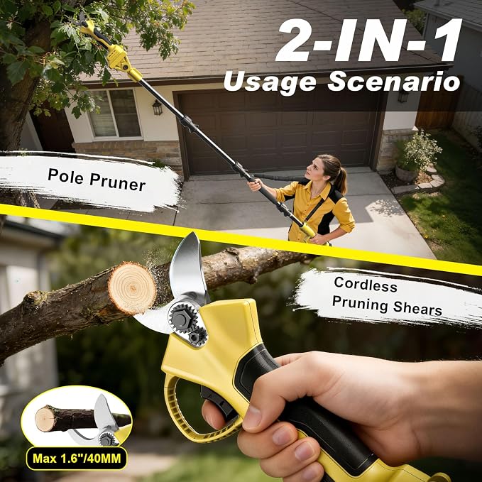 2 IN 1 Electric Pruning Shears Cordless with Pole, 1400W Brushless Motor Pruner,13.5Ft Reach, 1.6" Cutting Diameter, 0-180°VertticalRotation, 2×2.0Ah Battery for Gardening & Tree Trimming