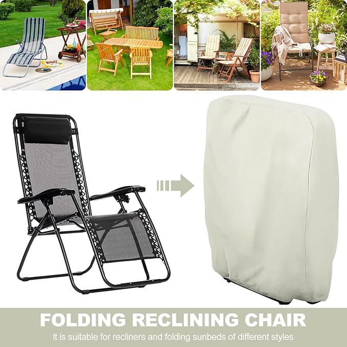Uranshin Outdoor Folding Chair Covers 2PCS, Zero Gravity Chair Cover 28" W x 13" D x 43" H, Waterproof 210D Oxford Funiture Cover with Storage Bag, Patio Chair Cover for All Weather (Beige)
