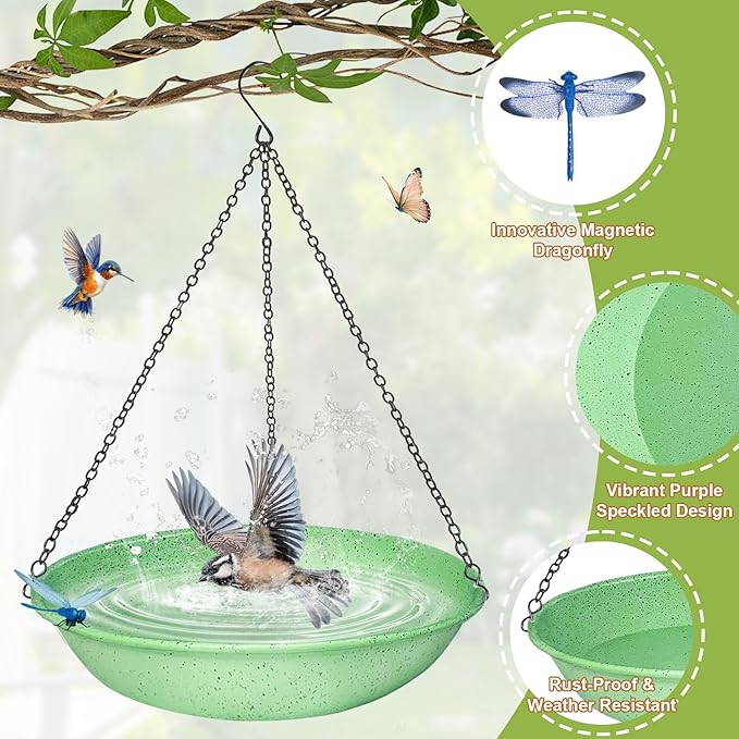 Hanging Bird Bath for Outdoors,11Inch Double Patchwork Birdbath Bowl Window Birds Feeder with 13.5 in Rust-Proof Black Chains Metal Hanging Birds Feeder for Garden Backyard Decor Green Speckled