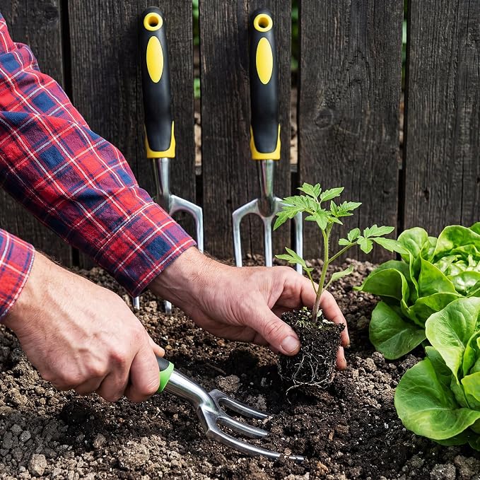 Yaocom 12 Pcs Hand Rakes Garden Tool Mini Heavy Duty Garden Cultivator 11 Inch Small Rake Gardening Hand Tiller with Handle for Digging Weeding Loose Soil(3-Tine Prong Fork,Yellow, Green)