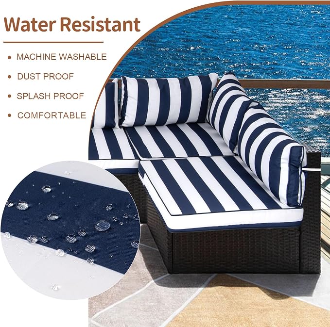 14 Piece Outdoor Patio Cushion Covers Replacement, Waterproof Outdoor Furniture Cushion Covers, Fit 7 Pcs 6 Seater Wicker Rattan Conversation Sofa Set,Blue White Stripes(Only Cover) 25.6x25.6"