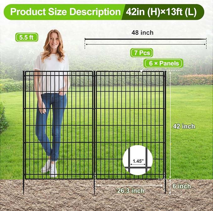INJOPEXI Decorative Garden Fence 6 Panels 13ft (L)×42in (H) Animal Barrier Fences with 6 Panels Rustproof Metal Wire No Dig Rabbit Fencing Dog Fence for Outdoor Backyard Patio - Without Fence Gate
