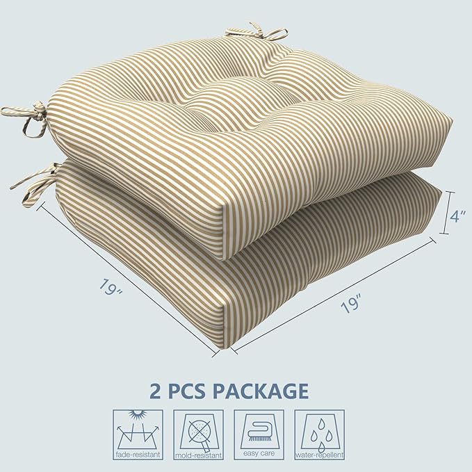 LVTXIII Outdoor Seat Cushions Seasonal Tufted Chair Cushions, Patio Chair Pads for Dining Chairs, Office Armchairs and Garden Furniture Decoration (Round Back, 19”x19”x4”, Stripe Beige, 2 Pack)