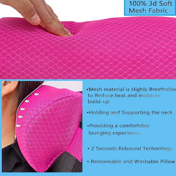 REEZEIVI 2 Pack Headrest Pillow for Patio Chaise Lounge,Chaise Lounge Pillows Outdoor 3D air mesh with Elastic Band,Quick Drying and Washable Spa Pillow for Recliner,Beach Chair,Office Chair,Pink