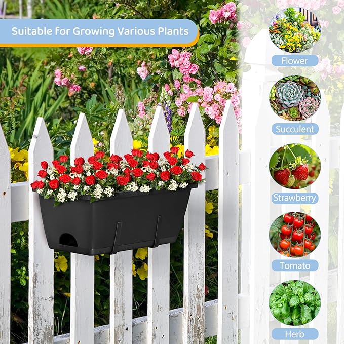 4 Pack Window Boxes Planters 17’’ Railing Planter Box with Adjustable Brackets, Deck Railing Hanging Flower Pots Rectangular Herb Planter for Outdoor Fence Garden, Balcony Decor