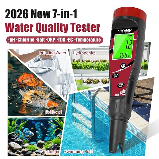Pool Chlorine pH Meter Digital Salt pH Tester for Salt Water Pool Hydroponic pH Conductivity Meter YINMIK 7 in 1 pH Free Chlorine Salinity ORP EC TDS Temp Reader for Aquarium Drinking Water Koi Pond