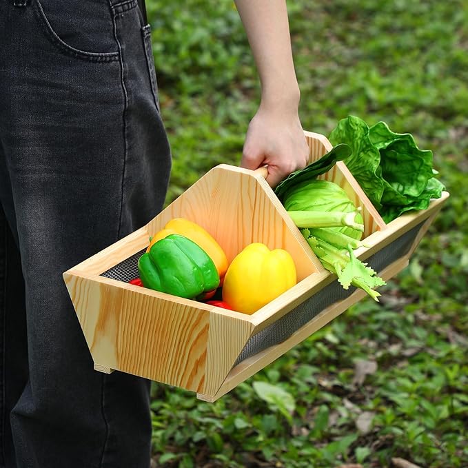 Garden Harvest Basket 20 x 10 x 8 Inch Vegetable Hod for Gardeners Fruits Veggies Basket with Center Divider Versatile Gardening & Vegetables Gathering Hod with Wood Handle Father's Day Gift