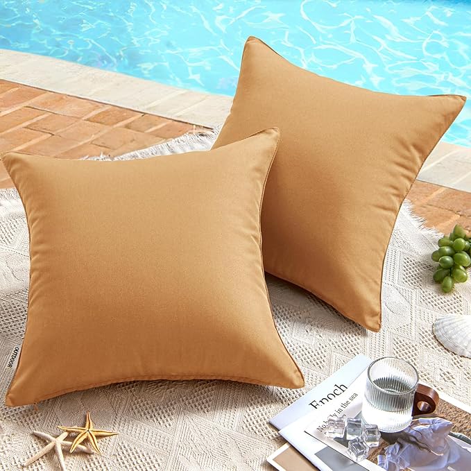 MIULEE Pack of 2 Decorative Outdoor Waterproof Pillow Covers Square Garden Cushion Sham Throw Pillowcase Shell for Spring Patio Tent Couch 16x16 Inch Light Brown