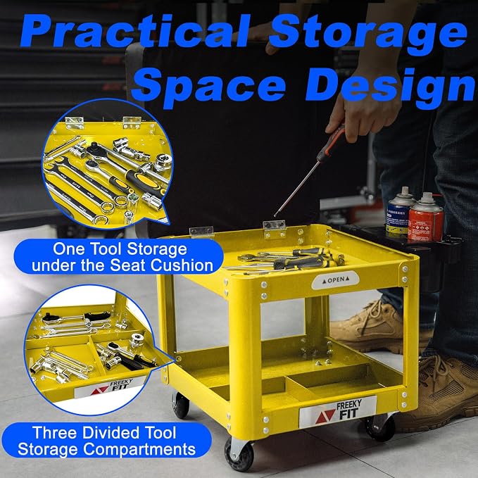Rolling Creeper Garage Shop Seat for Men, Padded Mechanics Stool with Tool Tray Storage for Garage, Rolling Workshop Stool with Wheels, Auto Creeper Seat, 330 LBS Capacity, Heavy Duty,Yellow