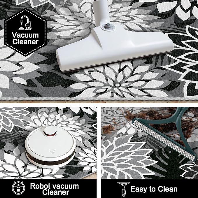 Arenarug 2x3 Washable Small Rug Tropical Botanical Modern Floral Indoor Chenille Door Mat Carpet Non Slip for Patio, Entry Way, Entrance, Porch, Black