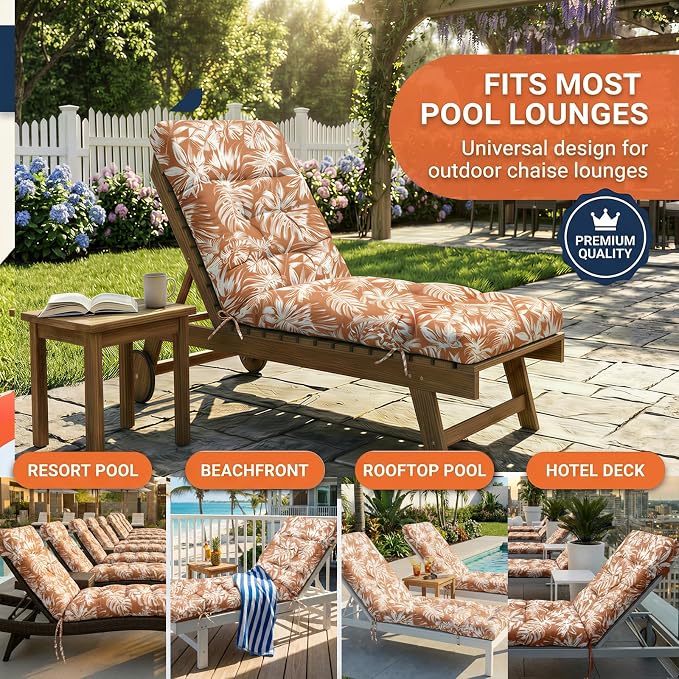 MAGIC ELEPHANT Chaise Lounge Cushion Outdoor, Memory Foam Patio Lounge Chair Cushion with Ties for Outdoor Furniture, 74 x 22 x 4 Inch (Rust Orange Monstera)