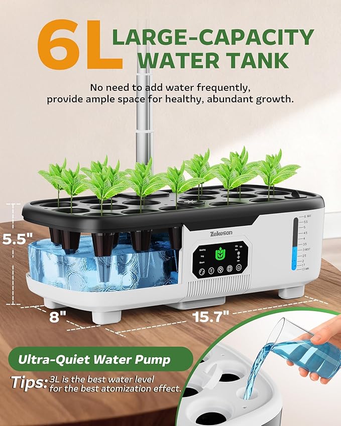 Misting Hydroponic Growing System Kit 15-Pods Indoor Smart Herb Garden Planter with LCD Touch Panel 6L Large Tank for Herb/Vegetables/Flowers/Fruits,Gardening Gifts for Women Men Beginners-White