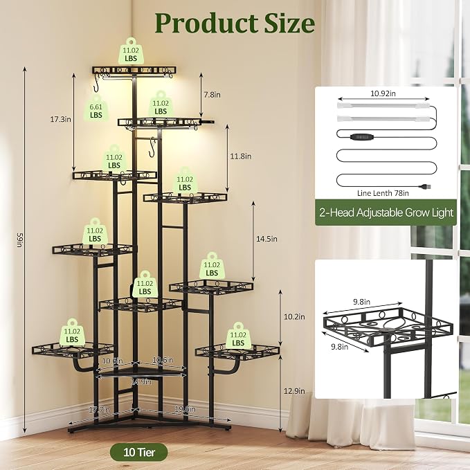 Quikraen Plant Stand Indoor with 2-Head Grow Lights, 58" Tall Lighted Corner Plant Shelf for Indoor Growing, 10-Tier Multiple Metal Large Flower Holder, Plant Rack for Home Decor, Patio (Black)