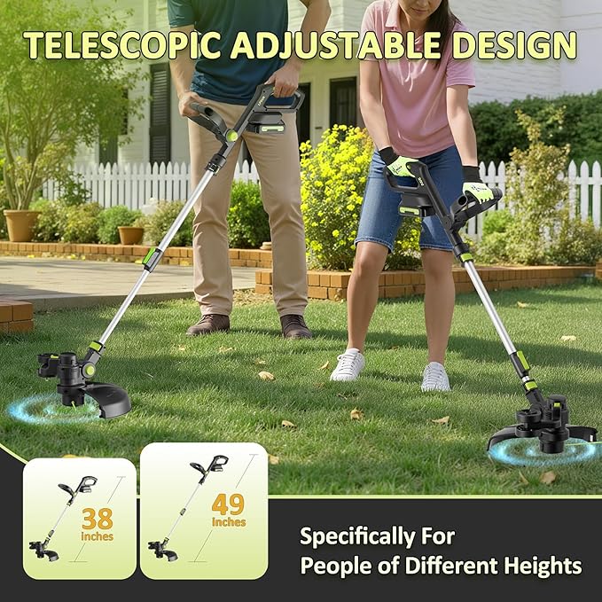 20V Cordless String Trimmer, Two 2.0Ah Battery Powered with Fast Charger, 12'' Grass Cutter with Auto Line Feed, 3-in-1 Electric Lawn Mower Grass Trimmer&Edger Lawn Tool with 8 Lines for Yard, Garden