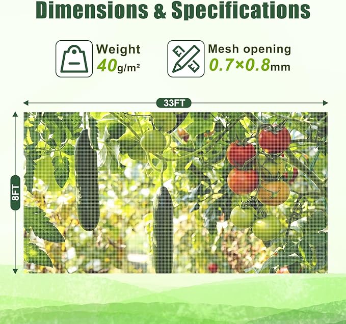 FEED GARDEN Garden Netting 8x33FT Ultra-Fine Mesh PE Cover for Vegetables Fruits Garden Row Cover Raised Bed Durable Protection from Birds Animals