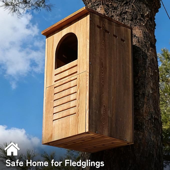 Screech Barred Owl House, 25" Extra Large Owl Bird Box Handmade Wooden Circular Opening for Outside with Mounting Screws and A Bag of Wood Shavings, Easy Assembly Required (Brown, 14"x25")