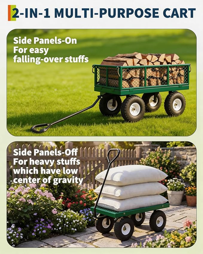 GarveeTech 400LBS Heavy Duty Steel Garden Cart, Garden Wagon Cart on Wheels, Metal Yard Utility Wagon with Removable Mesh Sides, 10" All Terrain Tires, 180° Rotating Handle for Lawn, Garden, Farm