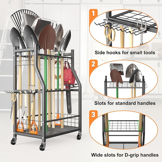 TORACK Garden Tool Organizer with Wheels, Rakes Shovels Yard Tools Stand for Garage, Shed, Garden, Indoor/Outdoor Long-Handled Tools Cart(Mid-size)
